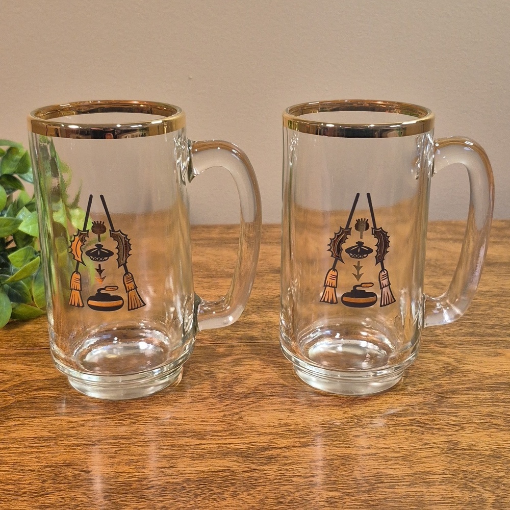 VINTAGE Mid Century Modern Curling Theme Beer Mug Glasses, Set of 2